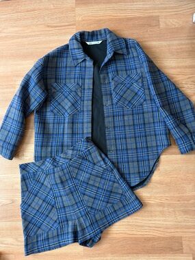 Zara Plaid Blue And Gray Button Up Button up Short Set